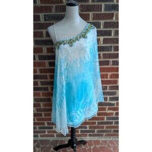 VTG Terani Couture Zola Keller Y2K Blue Silk Rhinestone One Shoulder Dress -M/L